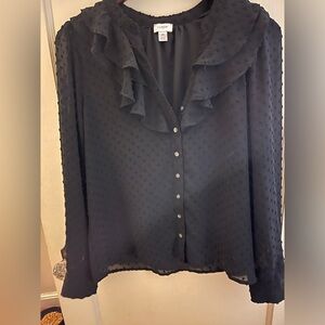 Re-Imagined by J. Crew Black Ruffled Dotted Feminine Button up ‎ Blouse M Lined